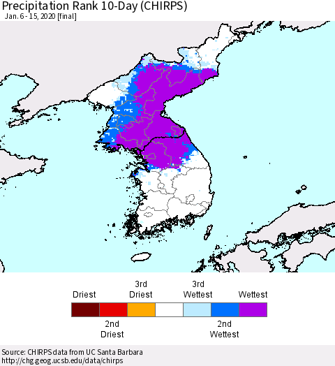 Korea Precipitation Rank 10-Day (CHIRPS) Thematic Map For 1/6/2020 - 1/15/2020
