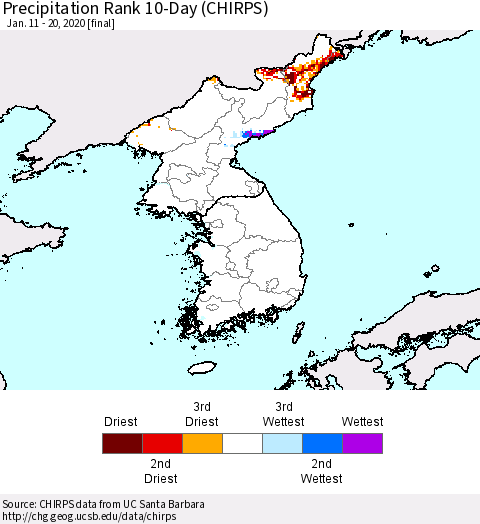 Korea Precipitation Rank 10-Day (CHIRPS) Thematic Map For 1/11/2020 - 1/20/2020