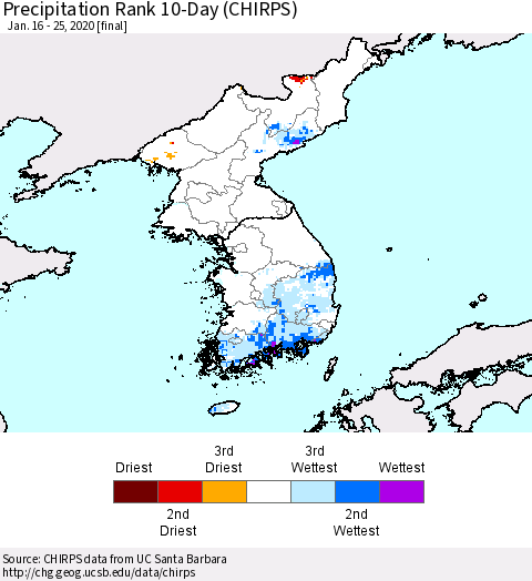Korea Precipitation Rank 10-Day (CHIRPS) Thematic Map For 1/16/2020 - 1/25/2020