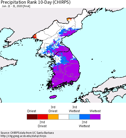 Korea Precipitation Rank since 1981, 10-Day (CHIRPS) Thematic Map For 1/21/2020 - 1/31/2020