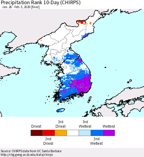 Korea Precipitation Rank 10-Day (CHIRPS) Thematic Map For 1/26/2020 - 2/5/2020