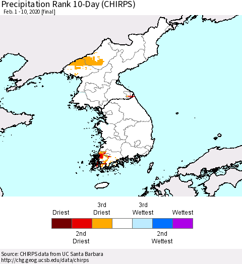 Korea Precipitation Rank 10-Day (CHIRPS) Thematic Map For 2/1/2020 - 2/10/2020