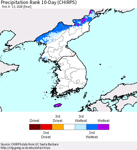 Korea Precipitation Rank since 1981, 10-Day (CHIRPS) Thematic Map For 2/6/2020 - 2/15/2020