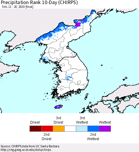 Korea Precipitation Rank 10-Day (CHIRPS) Thematic Map For 2/11/2020 - 2/20/2020