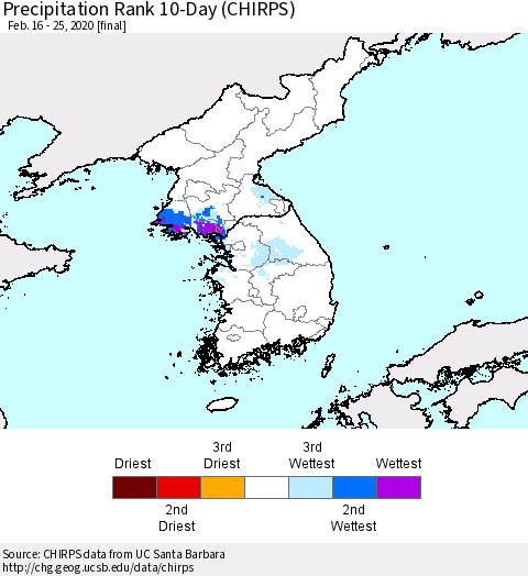 Korea Precipitation Rank 10-Day (CHIRPS) Thematic Map For 2/16/2020 - 2/25/2020