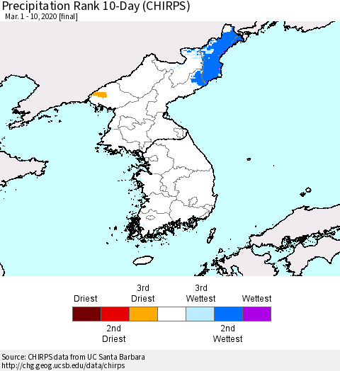 Korea Precipitation Rank since 1981, 10-Day (CHIRPS) Thematic Map For 3/1/2020 - 3/10/2020
