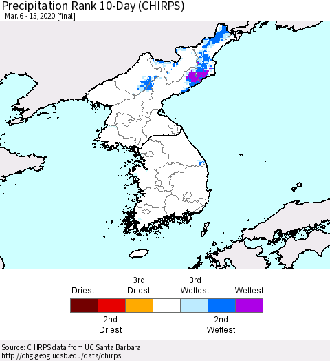 Korea Precipitation Rank 10-Day (CHIRPS) Thematic Map For 3/6/2020 - 3/15/2020