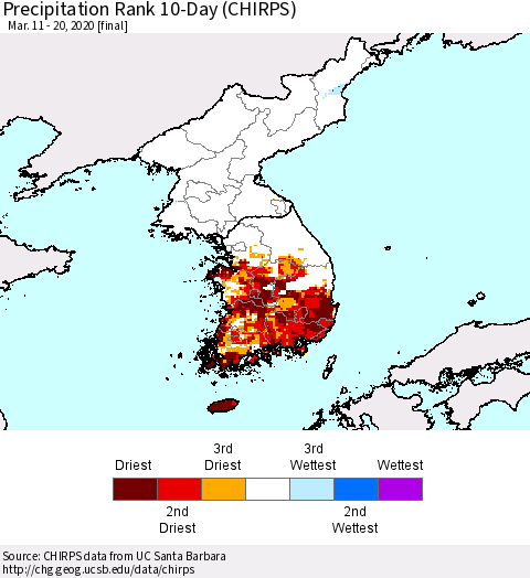 Korea Precipitation Rank 10-Day (CHIRPS) Thematic Map For 3/11/2020 - 3/20/2020