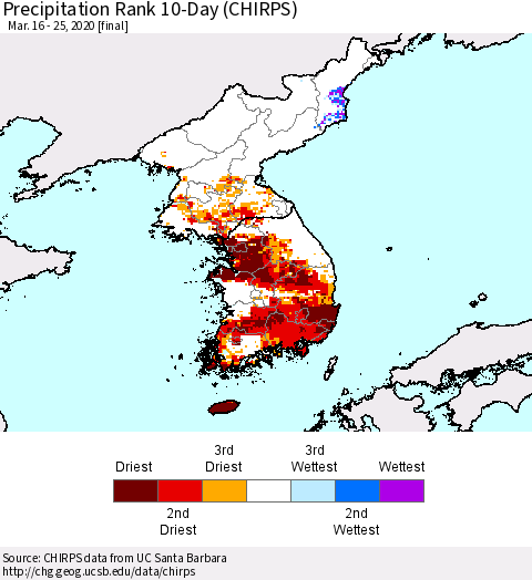 Korea Precipitation Rank 10-Day (CHIRPS) Thematic Map For 3/16/2020 - 3/25/2020