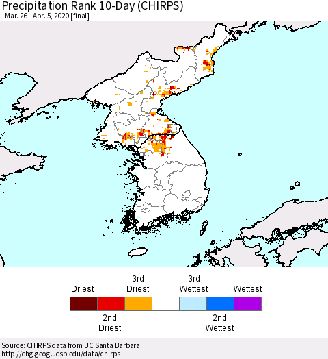 Korea Precipitation Rank since 1981, 10-Day (CHIRPS) Thematic Map For 3/26/2020 - 4/5/2020
