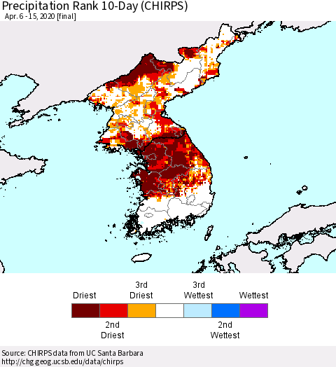 Korea Precipitation Rank 10-Day (CHIRPS) Thematic Map For 4/6/2020 - 4/15/2020