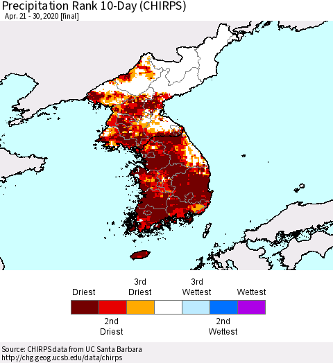 Korea Precipitation Rank 10-Day (CHIRPS) Thematic Map For 4/21/2020 - 4/30/2020
