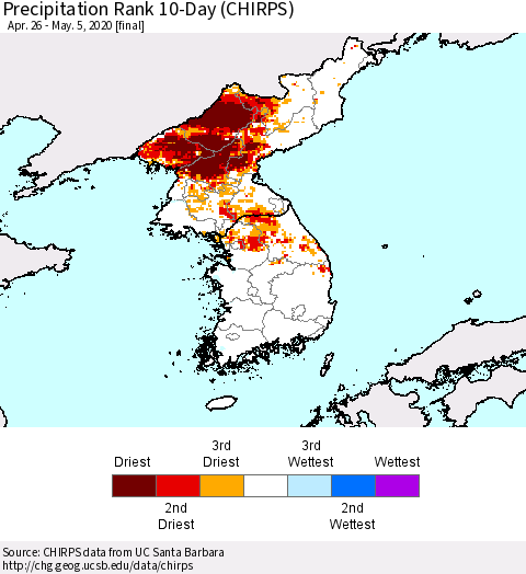 Korea Precipitation Rank 10-Day (CHIRPS) Thematic Map For 4/26/2020 - 5/5/2020