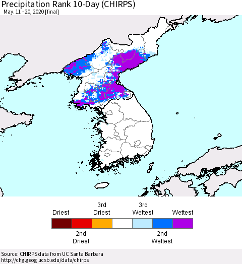 Korea Precipitation Rank 10-Day (CHIRPS) Thematic Map For 5/11/2020 - 5/20/2020