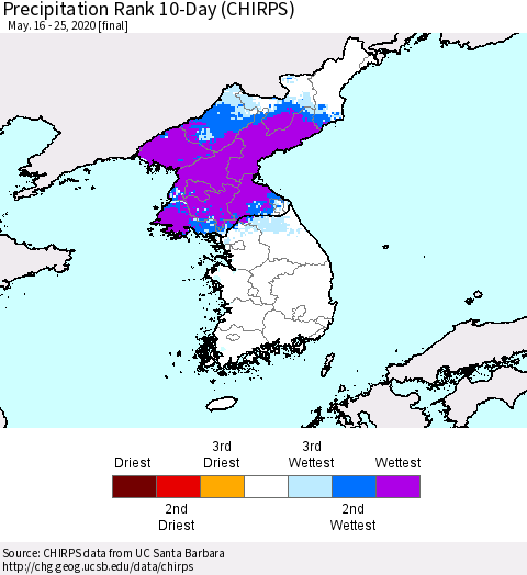 Korea Precipitation Rank 10-Day (CHIRPS) Thematic Map For 5/16/2020 - 5/25/2020