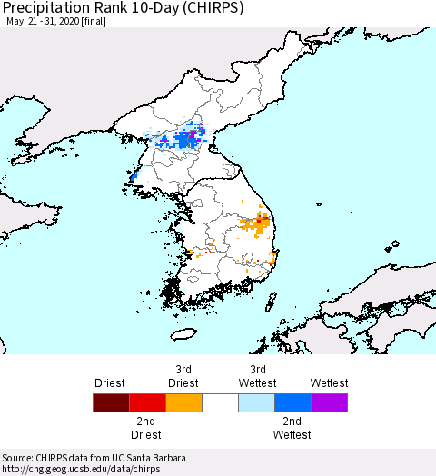Korea Precipitation Rank 10-Day (CHIRPS) Thematic Map For 5/21/2020 - 5/31/2020