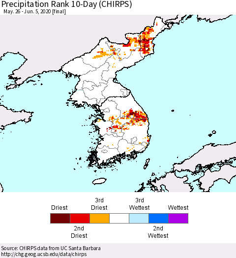 Korea Precipitation Rank 10-Day (CHIRPS) Thematic Map For 5/26/2020 - 6/5/2020