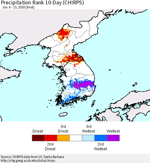 Korea Precipitation Rank 10-Day (CHIRPS) Thematic Map For 6/6/2020 - 6/15/2020