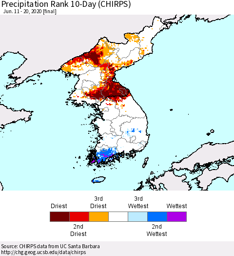 Korea Precipitation Rank 10-Day (CHIRPS) Thematic Map For 6/11/2020 - 6/20/2020