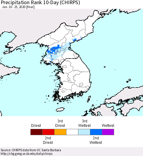 Korea Precipitation Rank 10-Day (CHIRPS) Thematic Map For 6/16/2020 - 6/25/2020