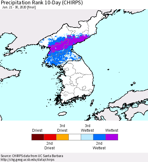 Korea Precipitation Rank 10-Day (CHIRPS) Thematic Map For 6/21/2020 - 6/30/2020