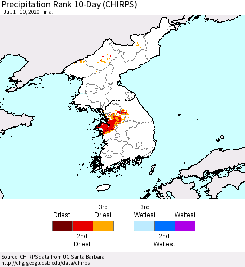 Korea Precipitation Rank since 1981, 10-Day (CHIRPS) Thematic Map For 7/1/2020 - 7/10/2020