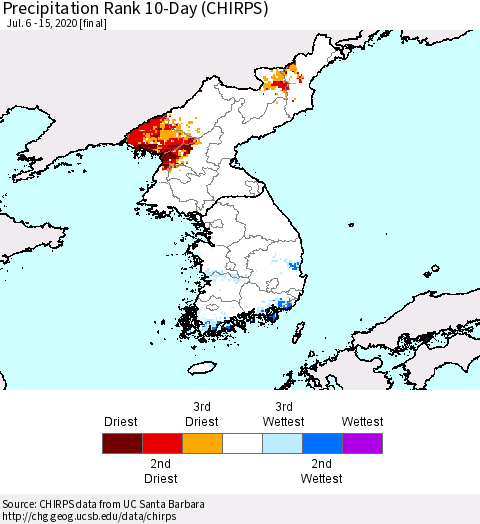 Korea Precipitation Rank 10-Day (CHIRPS) Thematic Map For 7/6/2020 - 7/15/2020