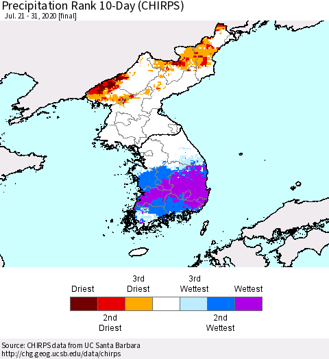 Korea Precipitation Rank since 1981, 10-Day (CHIRPS) Thematic Map For 7/21/2020 - 7/31/2020