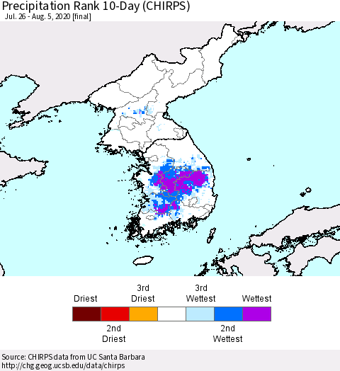 Korea Precipitation Rank 10-Day (CHIRPS) Thematic Map For 7/26/2020 - 8/5/2020