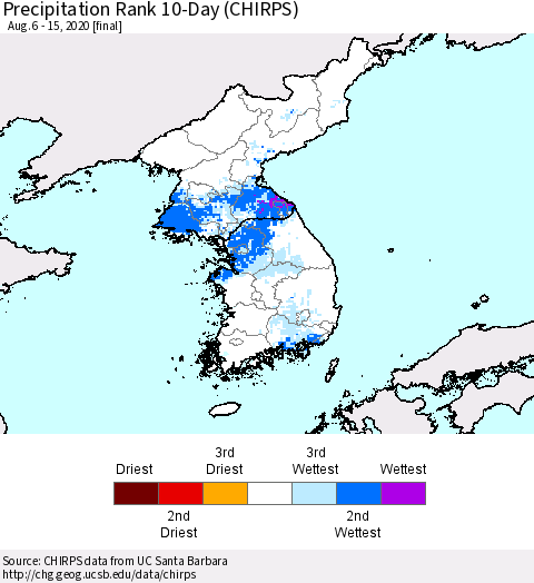 Korea Precipitation Rank 10-Day (CHIRPS) Thematic Map For 8/6/2020 - 8/15/2020