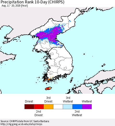 Korea Precipitation Rank since 1981, 10-Day (CHIRPS) Thematic Map For 8/11/2020 - 8/20/2020