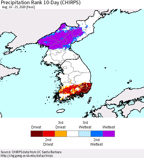 Korea Precipitation Rank since 1981, 10-Day (CHIRPS) Thematic Map For 8/16/2020 - 8/25/2020