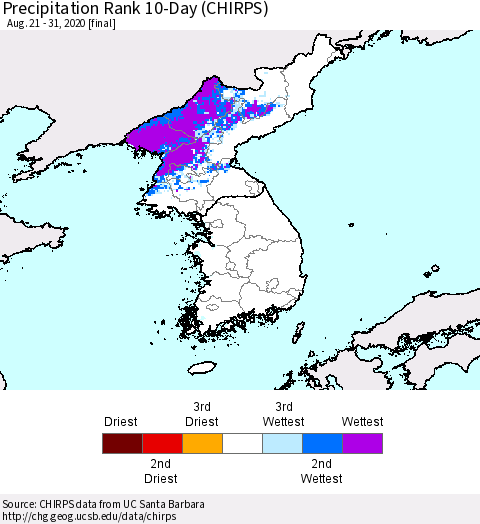 Korea Precipitation Rank since 1981, 10-Day (CHIRPS) Thematic Map For 8/21/2020 - 8/31/2020
