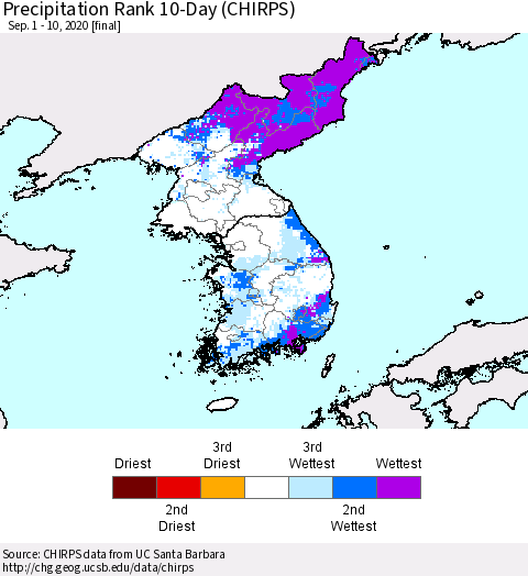 Korea Precipitation Rank 10-Day (CHIRPS) Thematic Map For 9/1/2020 - 9/10/2020