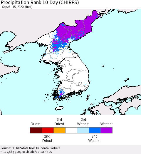 Korea Precipitation Rank 10-Day (CHIRPS) Thematic Map For 9/6/2020 - 9/15/2020