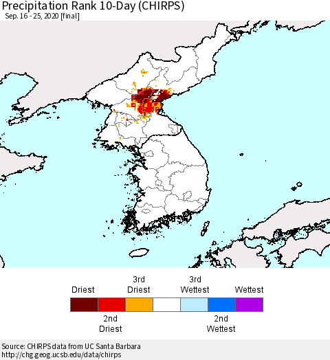 Korea Precipitation Rank since 1981, 10-Day (CHIRPS) Thematic Map For 9/16/2020 - 9/25/2020