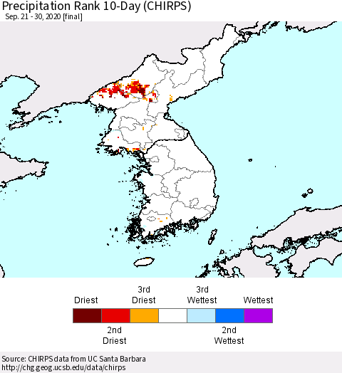 Korea Precipitation Rank 10-Day (CHIRPS) Thematic Map For 9/21/2020 - 9/30/2020