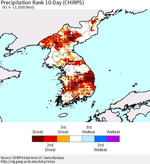 Korea Precipitation Rank since 1981, 10-Day (CHIRPS) Thematic Map For 10/6/2020 - 10/15/2020