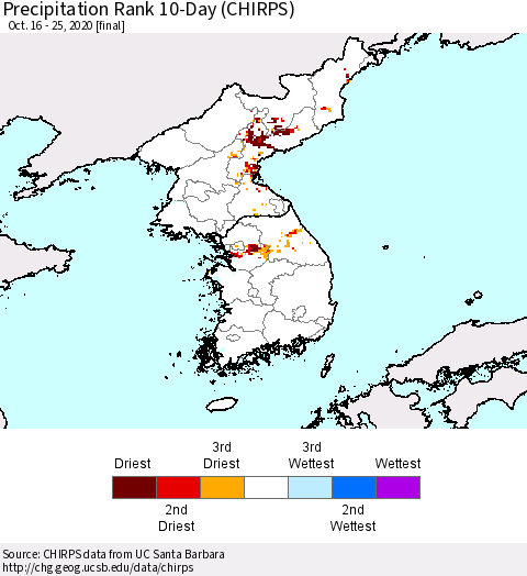 Korea Precipitation Rank 10-Day (CHIRPS) Thematic Map For 10/16/2020 - 10/25/2020