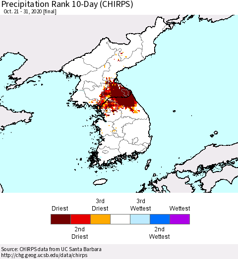 Korea Precipitation Rank 10-Day (CHIRPS) Thematic Map For 10/21/2020 - 10/31/2020