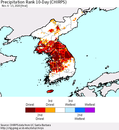 Korea Precipitation Rank 10-Day (CHIRPS) Thematic Map For 11/6/2020 - 11/15/2020