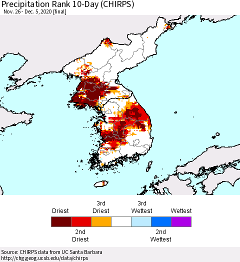 Korea Precipitation Rank 10-Day (CHIRPS) Thematic Map For 11/26/2020 - 12/5/2020