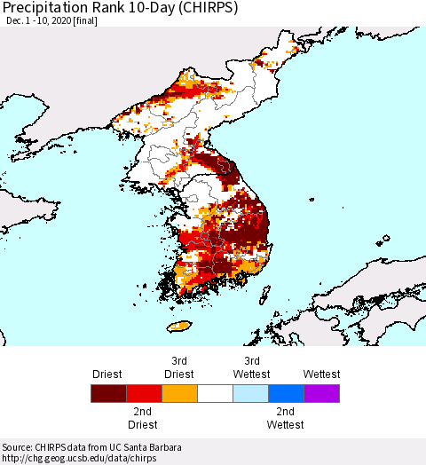 Korea Precipitation Rank 10-Day (CHIRPS) Thematic Map For 12/1/2020 - 12/10/2020