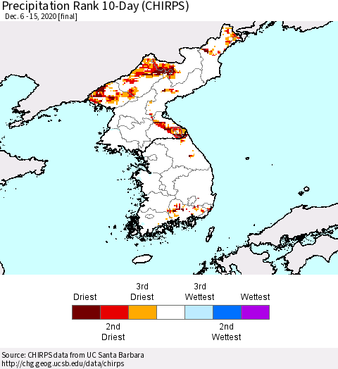 Korea Precipitation Rank since 1981, 10-Day (CHIRPS) Thematic Map For 12/6/2020 - 12/15/2020