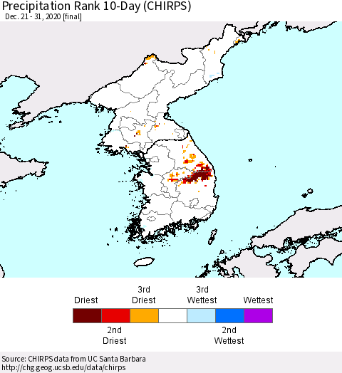 Korea Precipitation Rank 10-Day (CHIRPS) Thematic Map For 12/21/2020 - 12/31/2020
