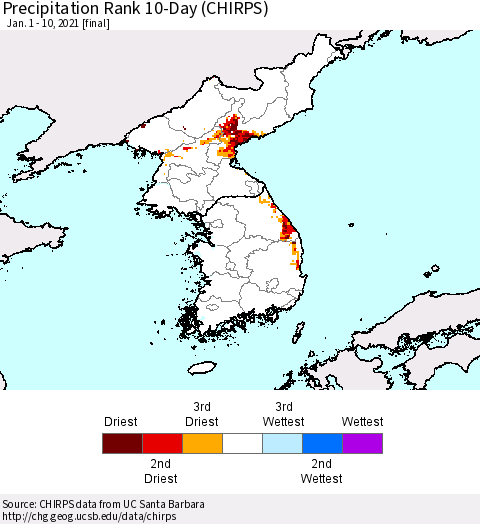 Korea Precipitation Rank 10-Day (CHIRPS) Thematic Map For 1/1/2021 - 1/10/2021