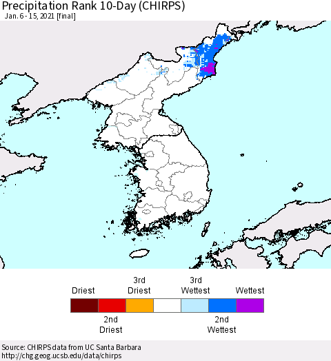 Korea Precipitation Rank 10-Day (CHIRPS) Thematic Map For 1/6/2021 - 1/15/2021