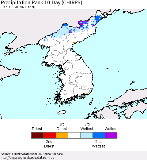 Korea Precipitation Rank since 1981, 10-Day (CHIRPS) Thematic Map For 1/11/2021 - 1/20/2021