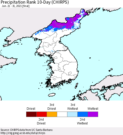 Korea Precipitation Rank 10-Day (CHIRPS) Thematic Map For 1/21/2021 - 1/31/2021