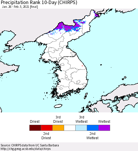Korea Precipitation Rank 10-Day (CHIRPS) Thematic Map For 1/26/2021 - 2/5/2021
